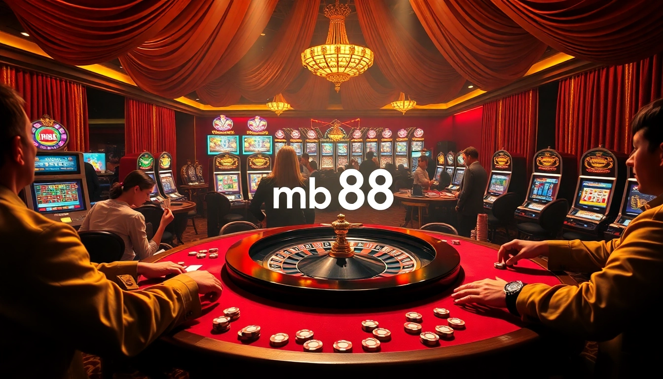 Experience the thrill of betting with mb 88 at an opulent casino table surrounded by eager players.