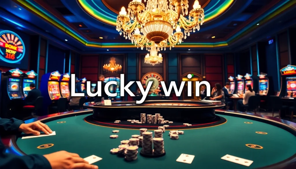 Experience thrilling gameplay at Luckywin's vibrant casino atmosphere, filled with poker, slots, and excitement.