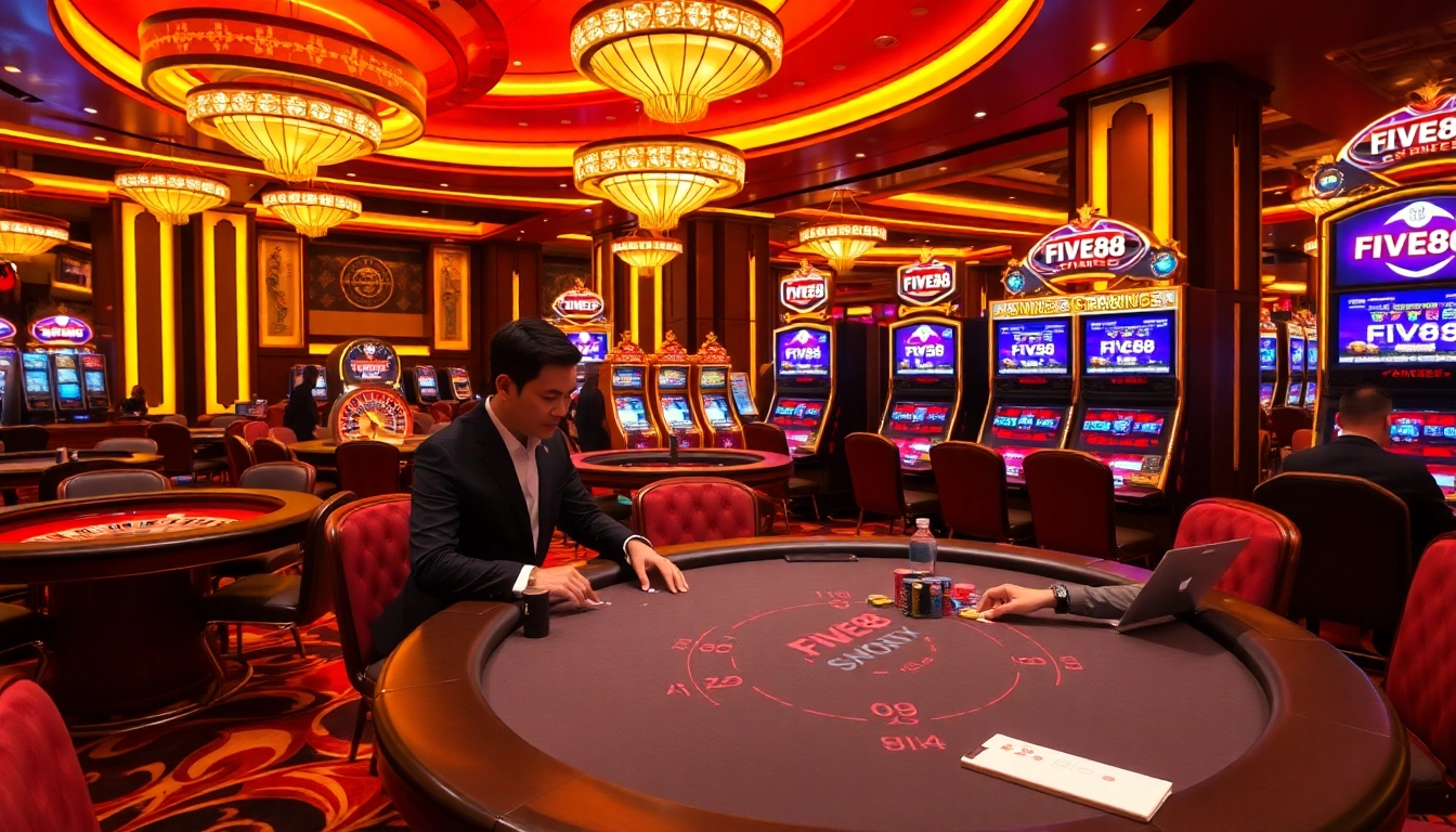 Players enjoying immersive gambling experiences at FIVE88 Casino with poker chips and vibrant slot machines.
