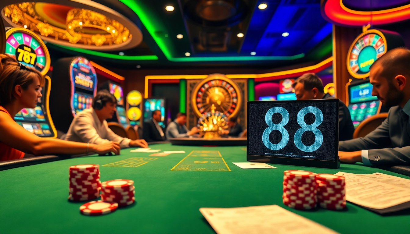 Engage in thrilling gameplay at j88 casino with vibrant slot machines and a high-stakes poker table.