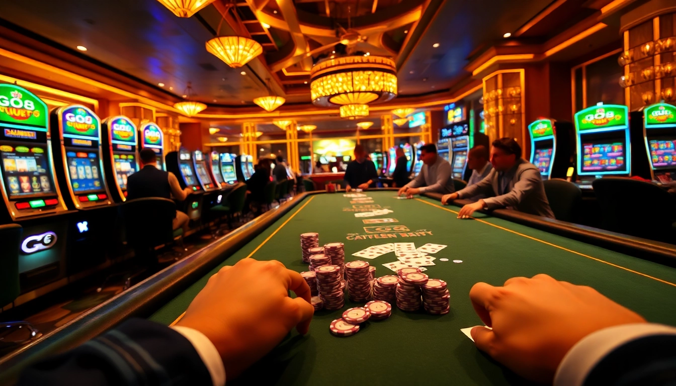 Experience the thrill of GO8 casino gaming with vibrant poker tables, cards, and chips.