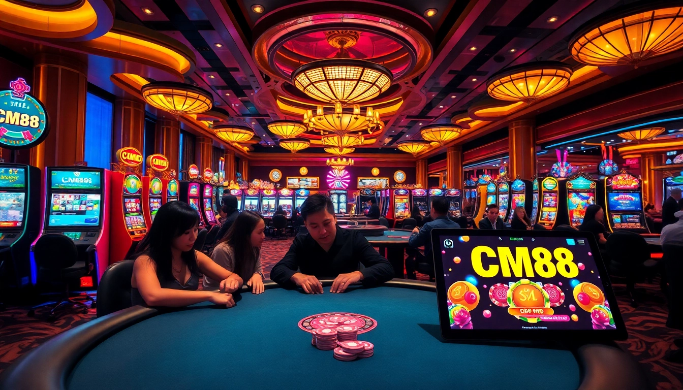 Players enjoying a poker game at CM88 casino, with vibrant betting chips and glowing casino tables.