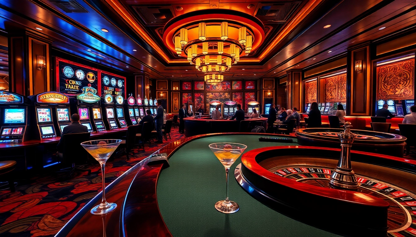 A lively casino scene showcasing AZ88 with poker tables, cocktails, and vibrant atmosphere.