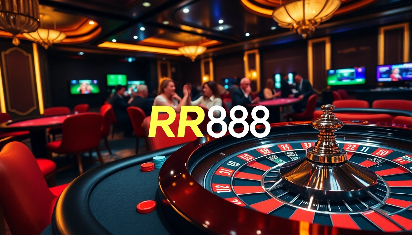 Engaging scene at RR88 casino with poker table, vibrant chips, and roulette wheel.