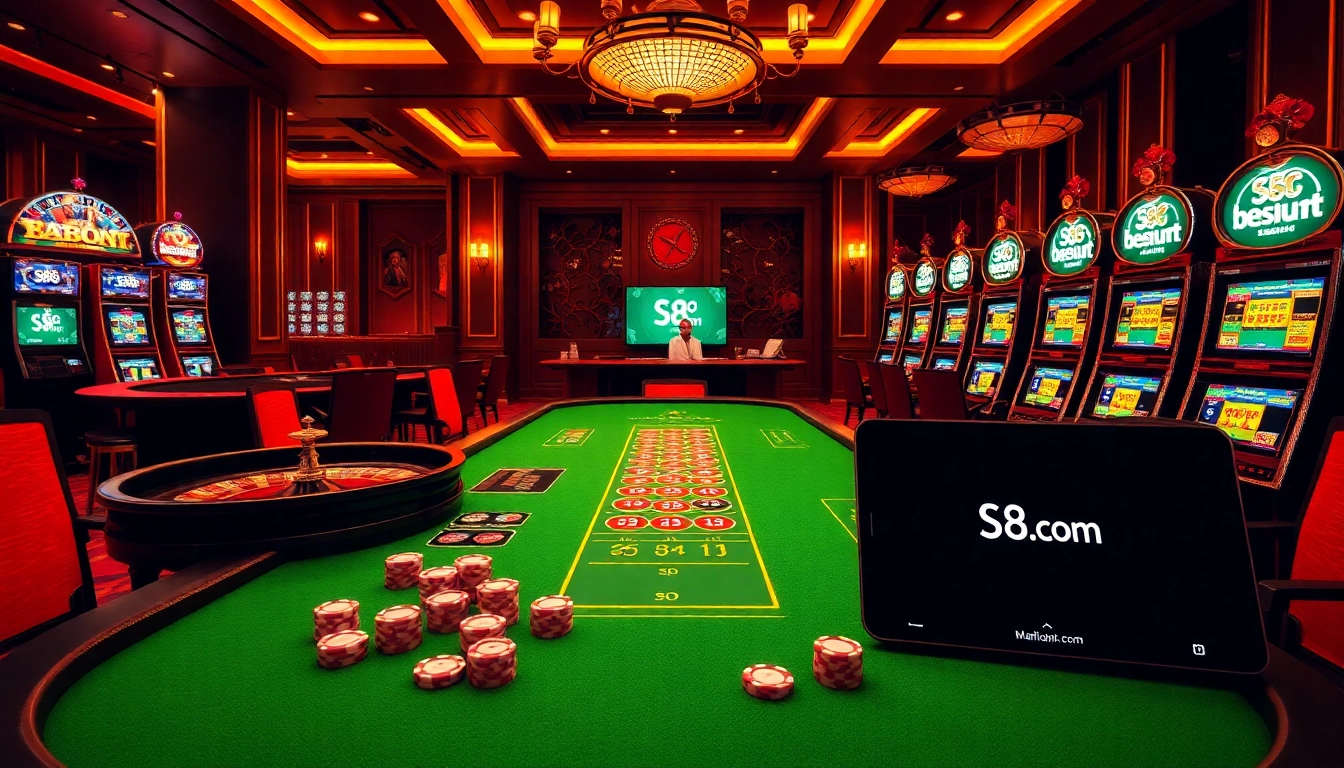 S8 com provides a vibrant casino experience with poker tables and slot machines ready for action.