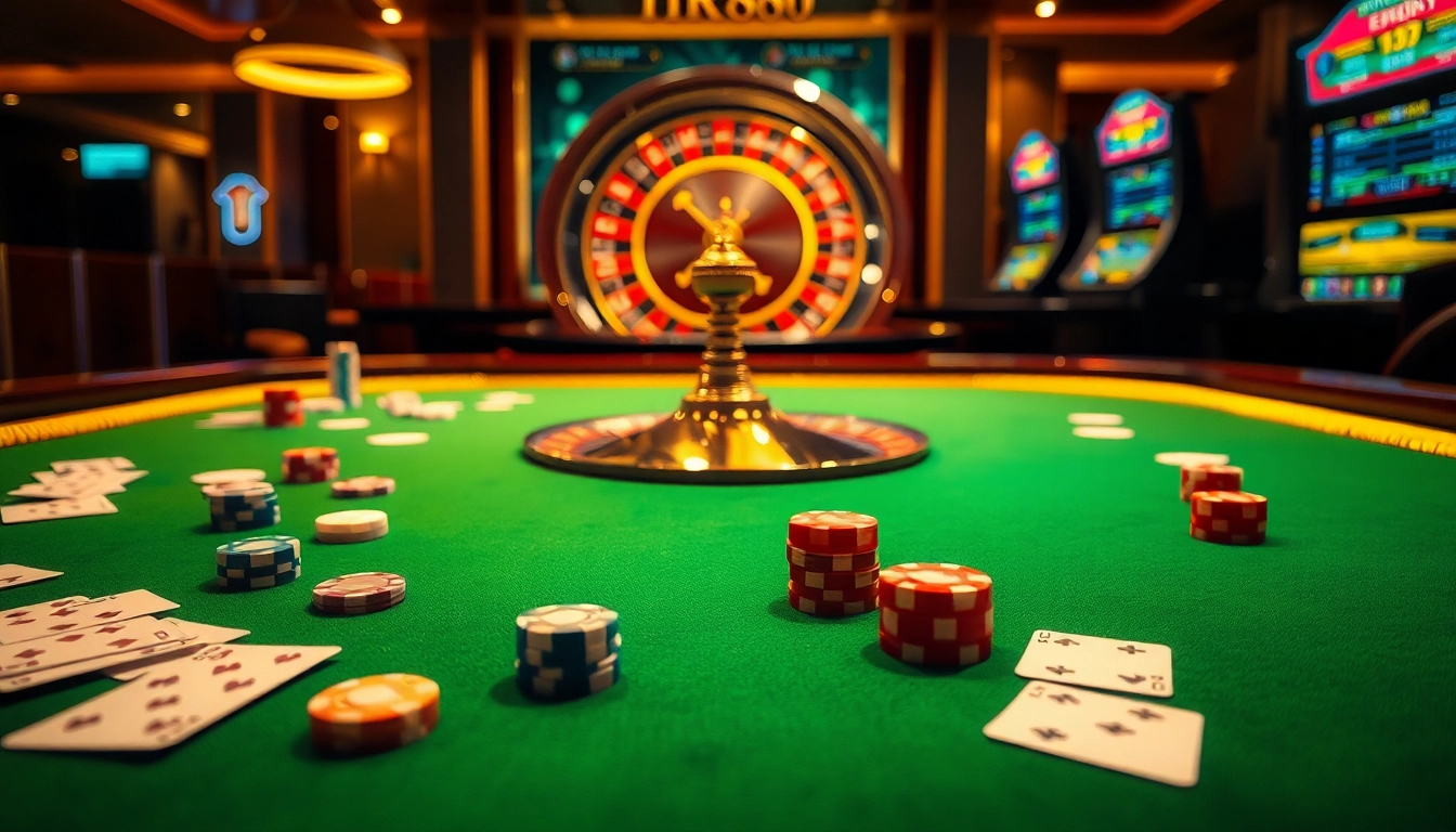 Players enjoy a thrilling moment at the TR88 casino gaming table with vibrant chips and cards.