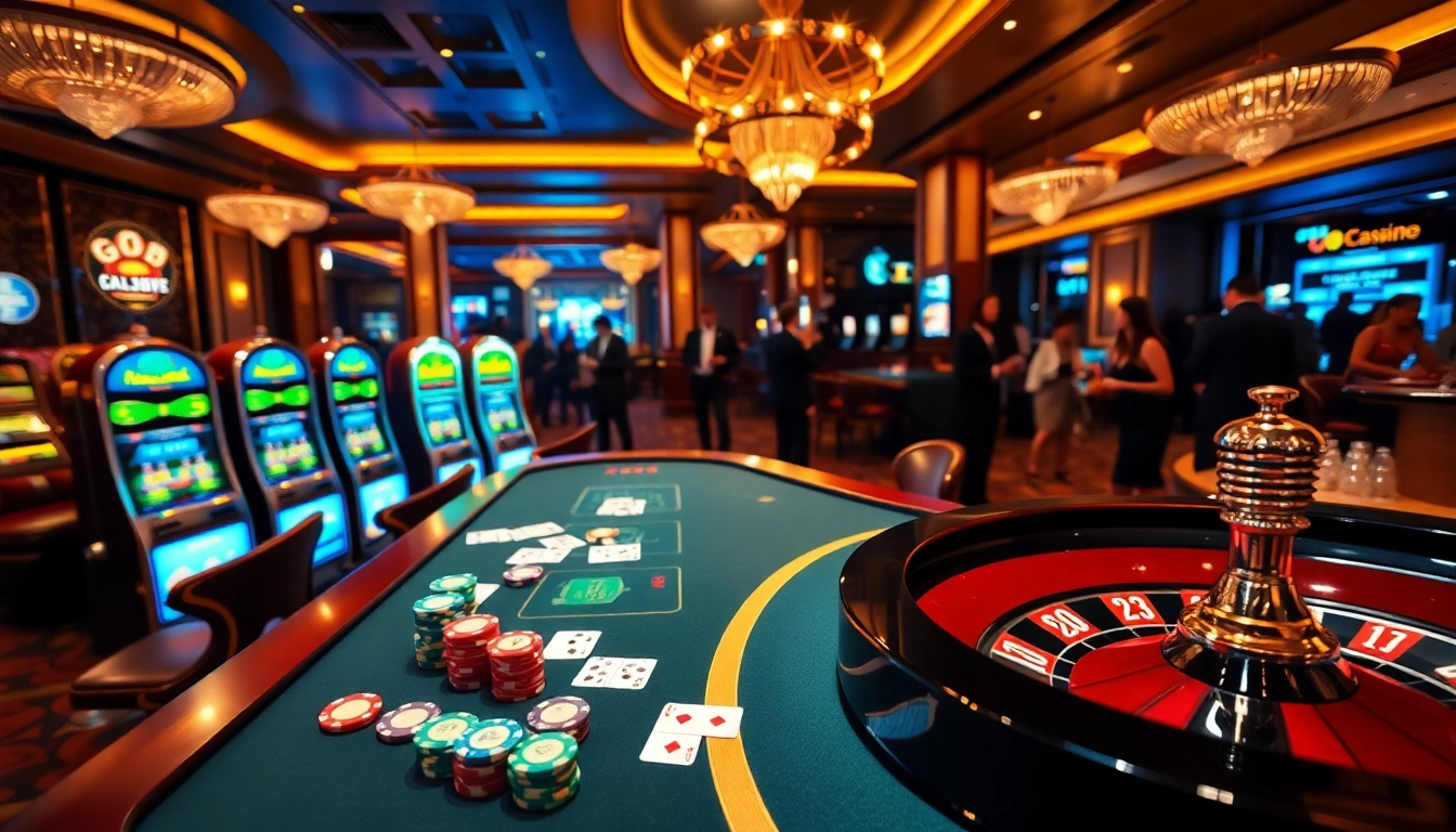 God55 casino showcases a vibrant gambling scene with poker chips and roulette wheel.