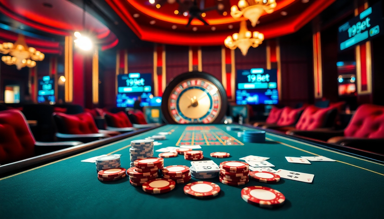 Experience high-stakes gaming action at i9bet with vibrant casino tables and poker chips.