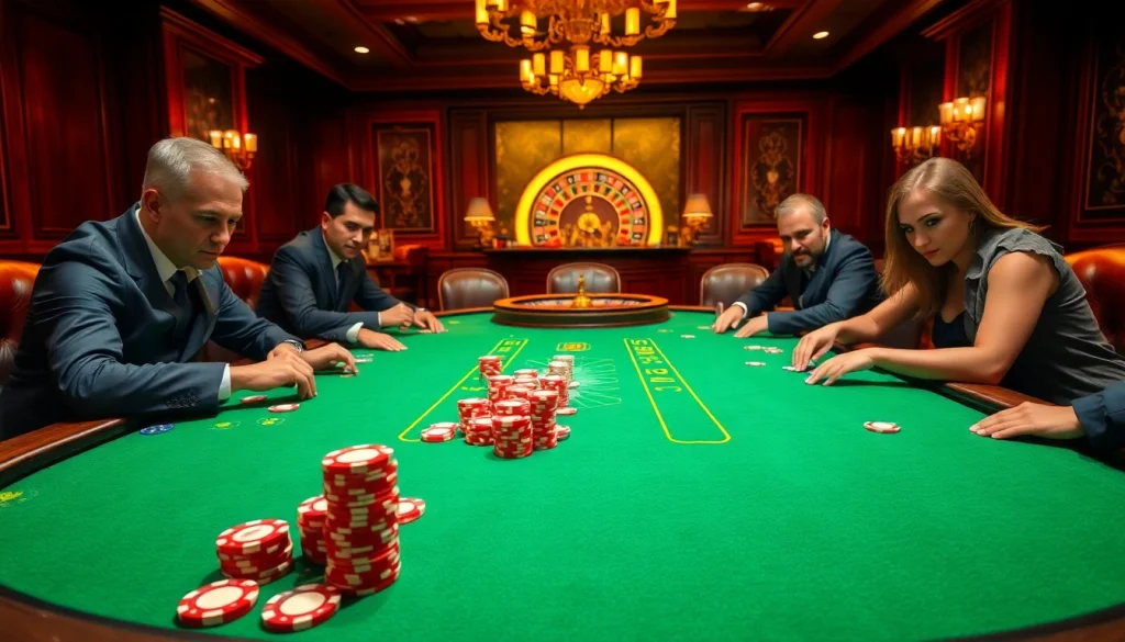 Engage in an exciting poker game at a KP88 casino table with vibrant chips and cards.