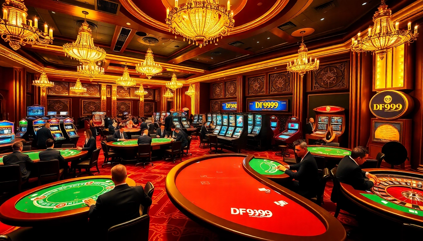 DF999 casino scene with players at vibrant poker tables and luxury decor, capturing gambling excitement.