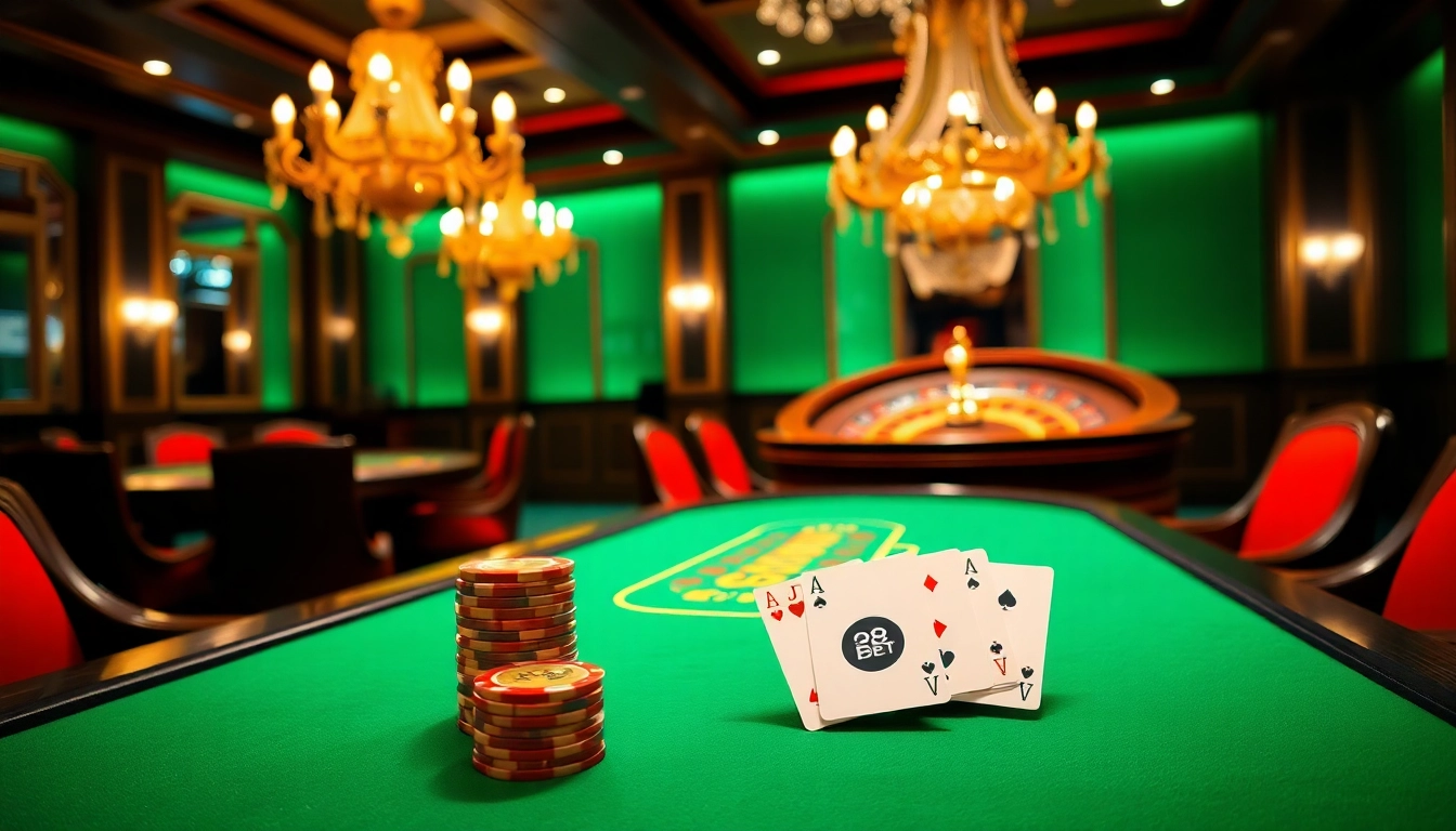 Join the excitement at 28Bet with luxurious casino tables and vibrant poker chips.