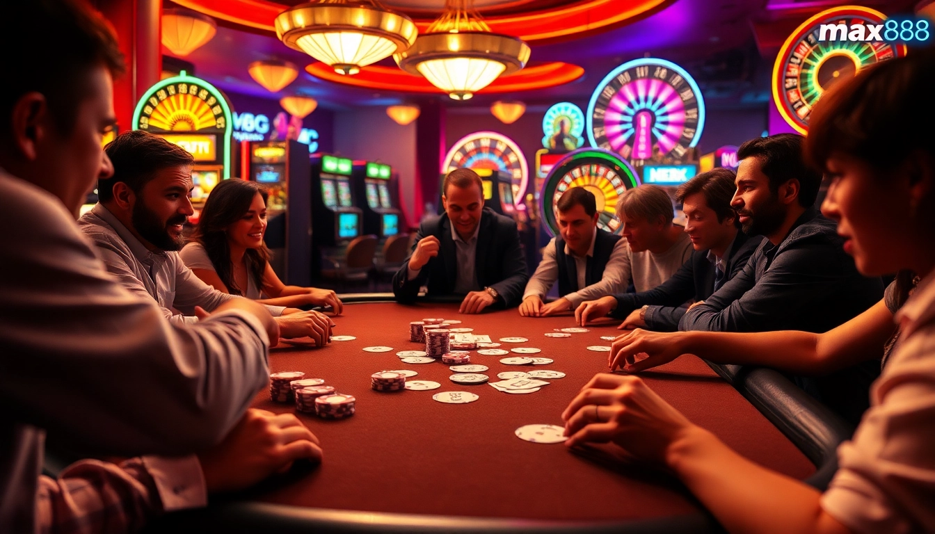 Players enjoying a thrilling poker game at max88, surrounded by colorful casino excitement.