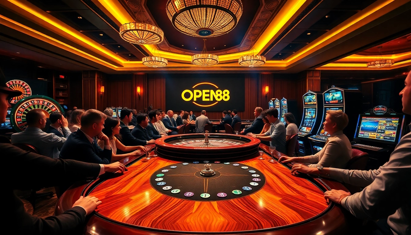 Players at a luxury casino enjoy games while branding for OPEN88 captivates in the background.