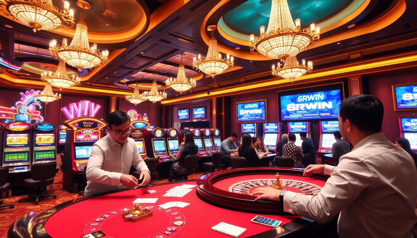 Experience the thrill of gaming at 6RWIN's luxurious casino with vibrant tables and excited players.
