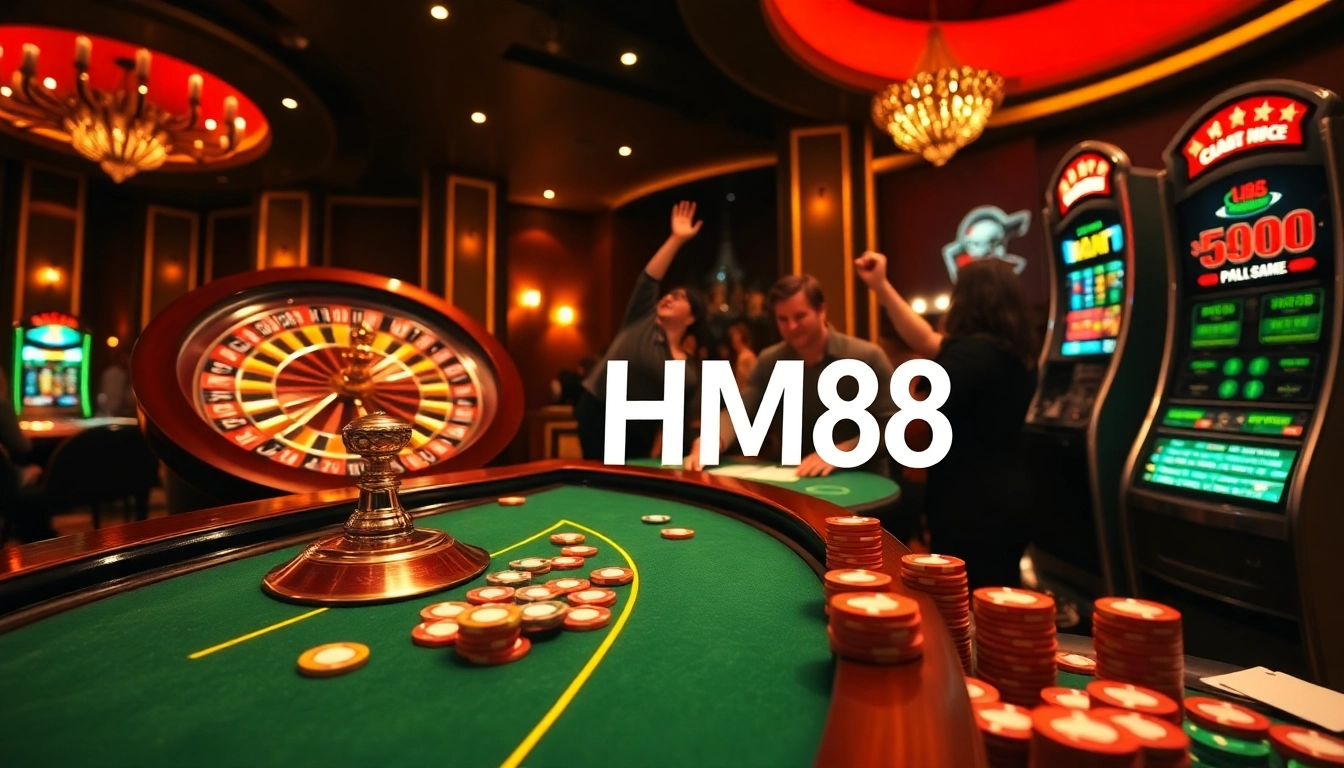 Players enjoying high-stakes games at the HM88 casino, featuring poker chips and roulette wheels.
