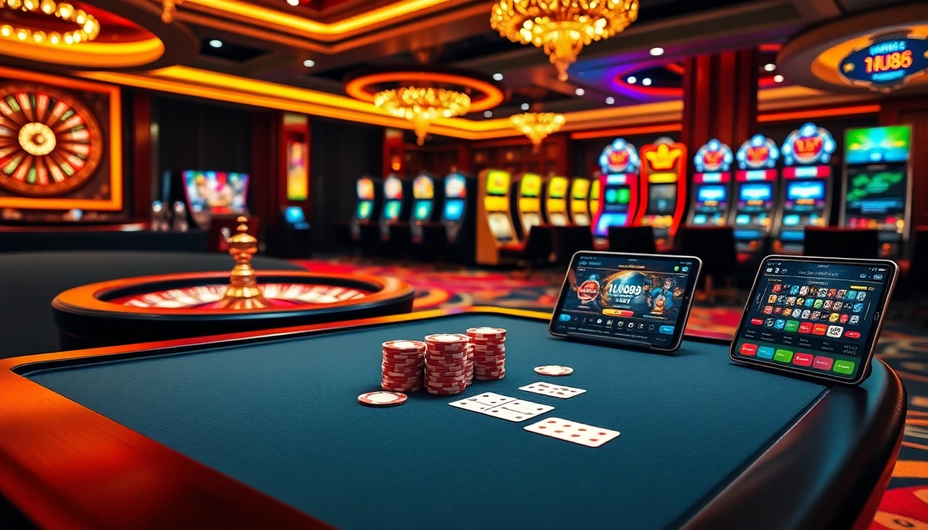 Engaging scene of MU88 online casino with poker, roulette, and vibrant slot machines.