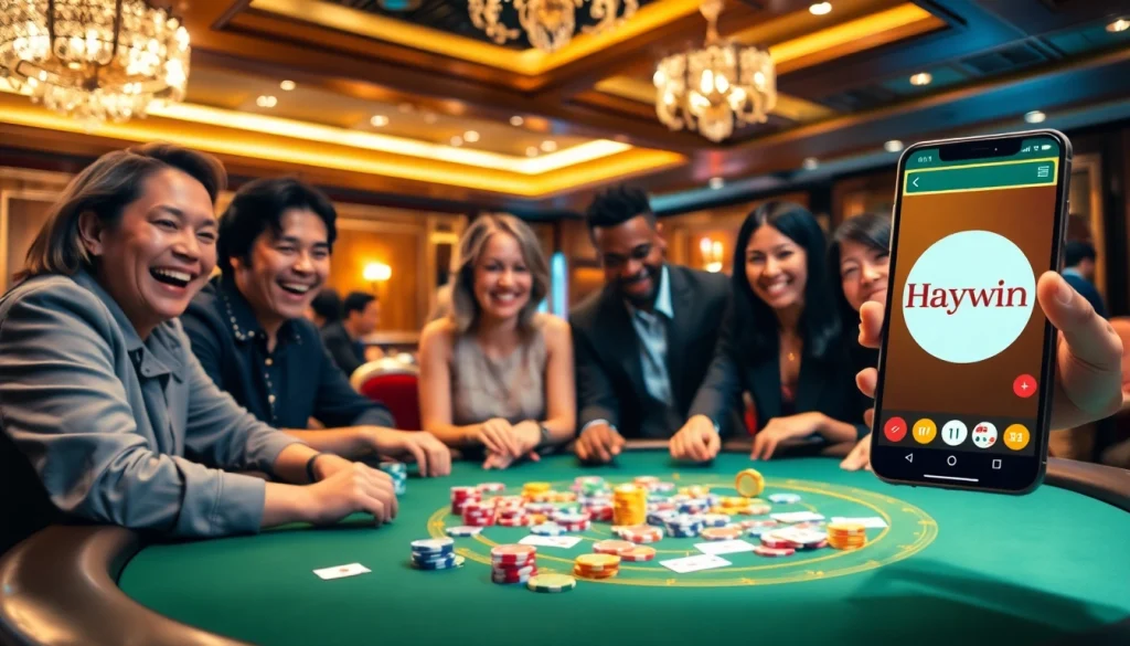 Players enjoying a thrilling poker game at Haywin casino with vibrant chips and online interface.