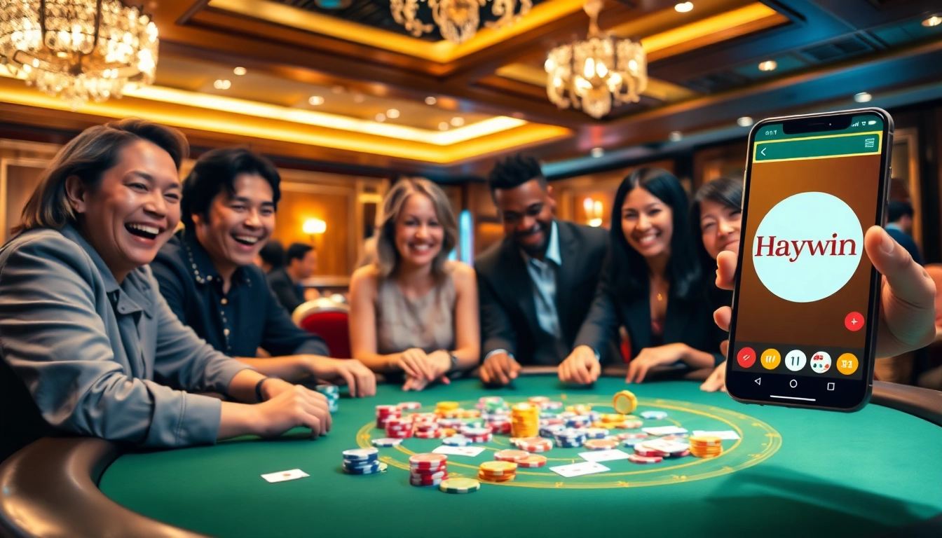 Players enjoying a thrilling poker game at Haywin casino with vibrant chips and online interface.