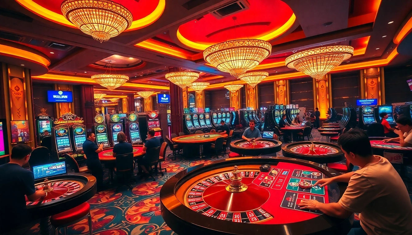A dynamic scene of players at a luxurious casino exemplifying the excitement of liên minh okwin gaming.