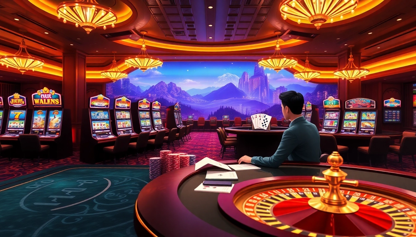 Engaging scene of a player logging in to okfun platform, surrounded by vibrant casino visuals.