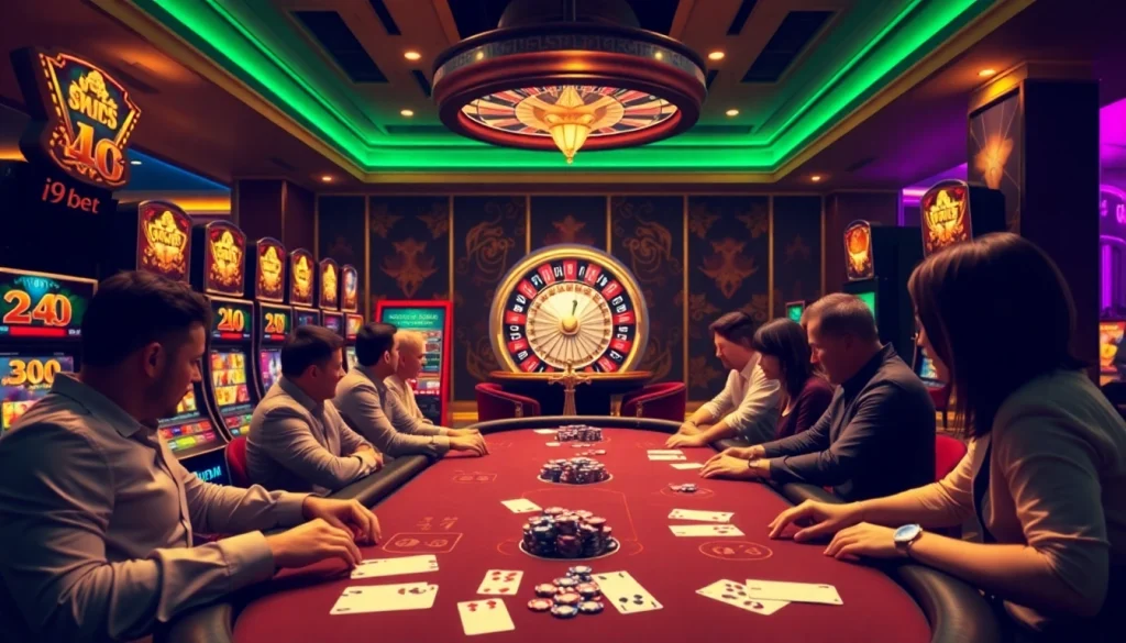 Experience the excitement of i9bet with players at a poker table amidst vibrant casino elements.