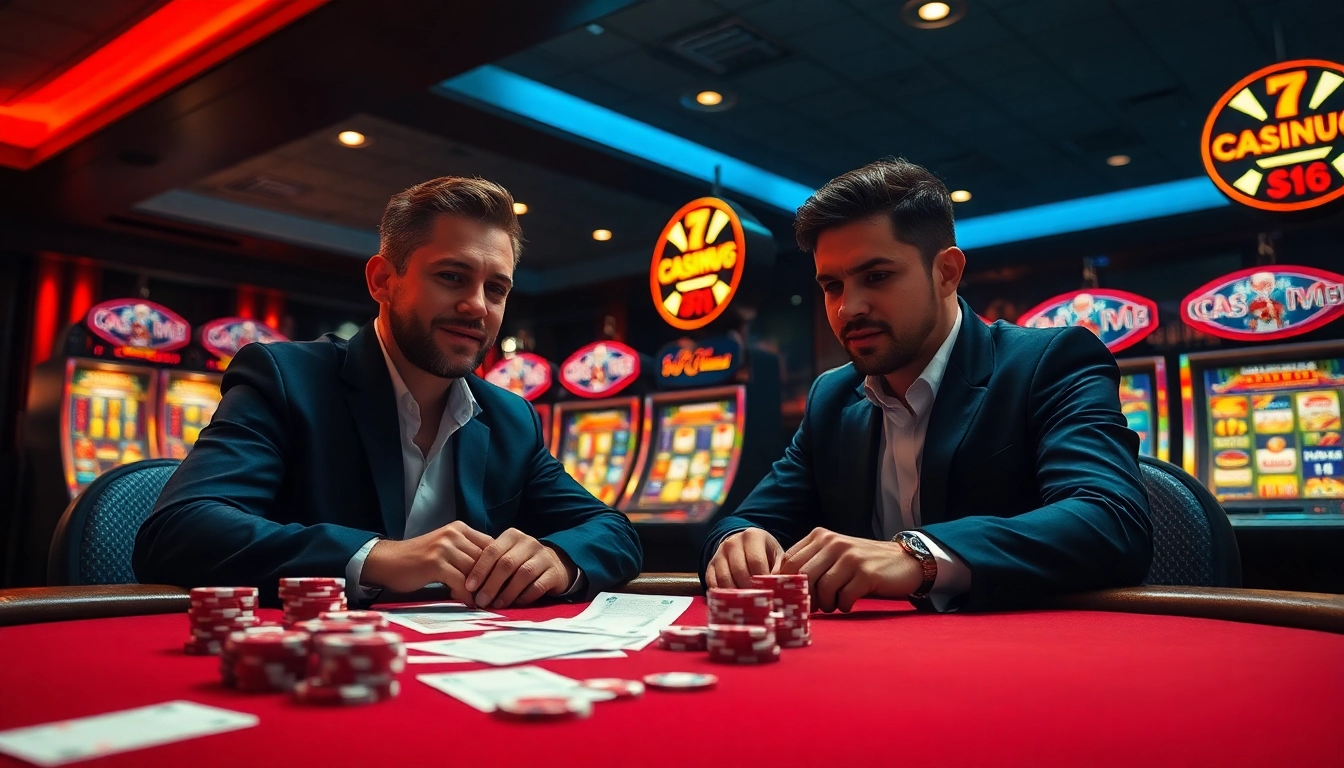 An exciting casino scene featuring players at a poker table with vibrant 8kbet 1 branding and colorful slot machines.