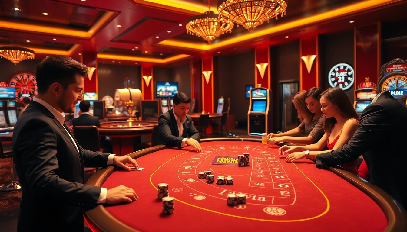 Players engage passionately at the 13win casino table, surrounded by vibrant gaming visuals.