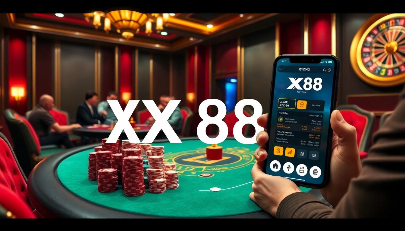 Exciting poker game at a casino with players betting on XX88, showcasing high-stakes action.
