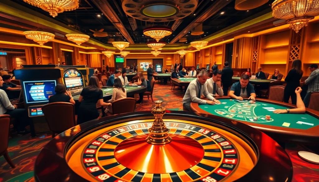 Players enjoying a vibrant gaming experience at thabet casino with roulette and poker tables.