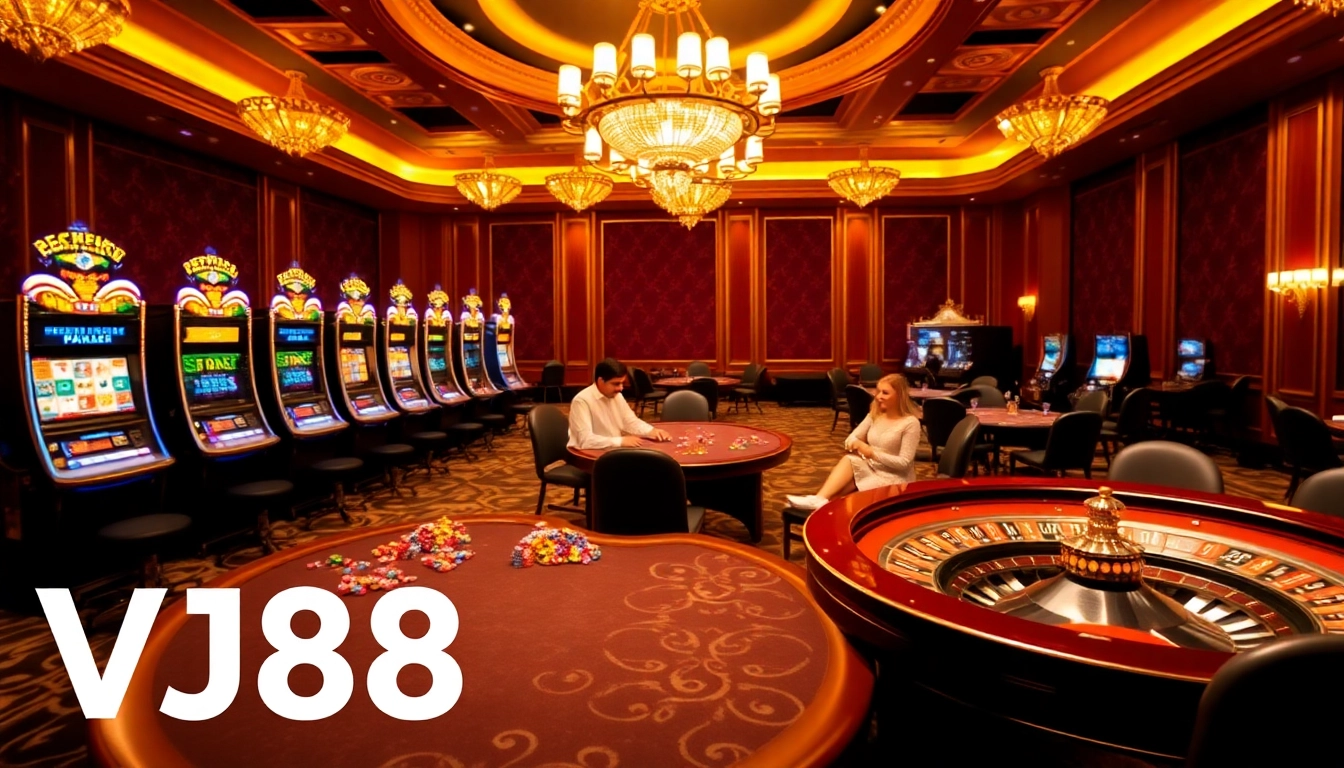 High-stakes poker players enjoying intense gameplay at VJ88 casino tables, showcasing thrilling gambling atmosphere.