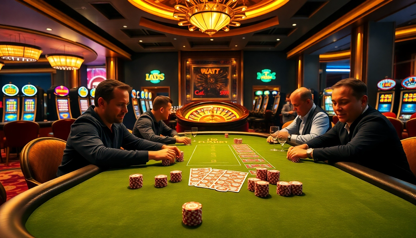 Engage in high-stakes action at https://sv88.com/ with poker chips and a bustling casino atmosphere.