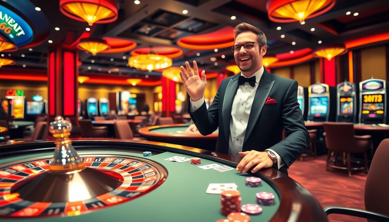Players engaging in exciting games at mb66 casino with vibrant roulette and poker tables.