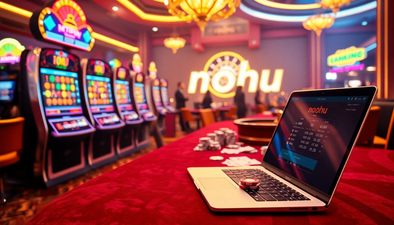 Experience thrilling nohu gambling with vibrant slot machines and poker chips on a luxurious casino table.