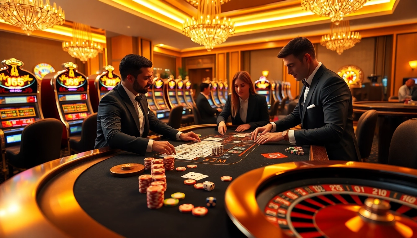 Engaging players at jl55 club casino table with poker chips and roulette wheel.