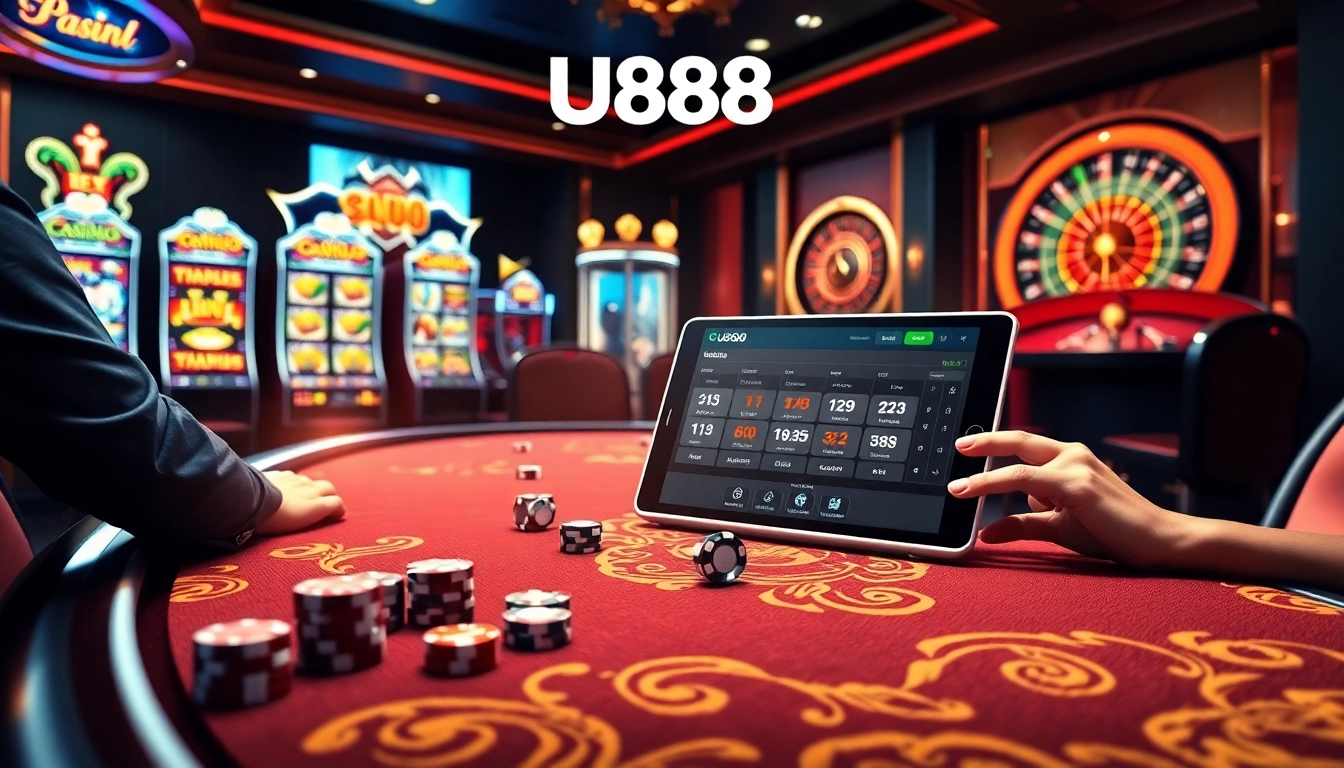 U888 gamblers enjoying a thrilling online casino experience with poker chips and tables.