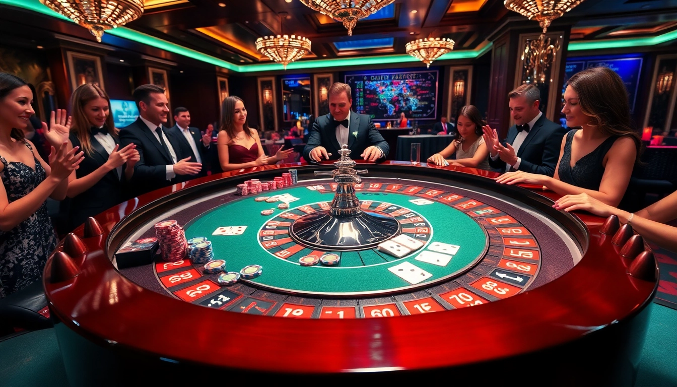 Excited gamblers playing at a high-stakes 789f roulette table in a luxurious casino.