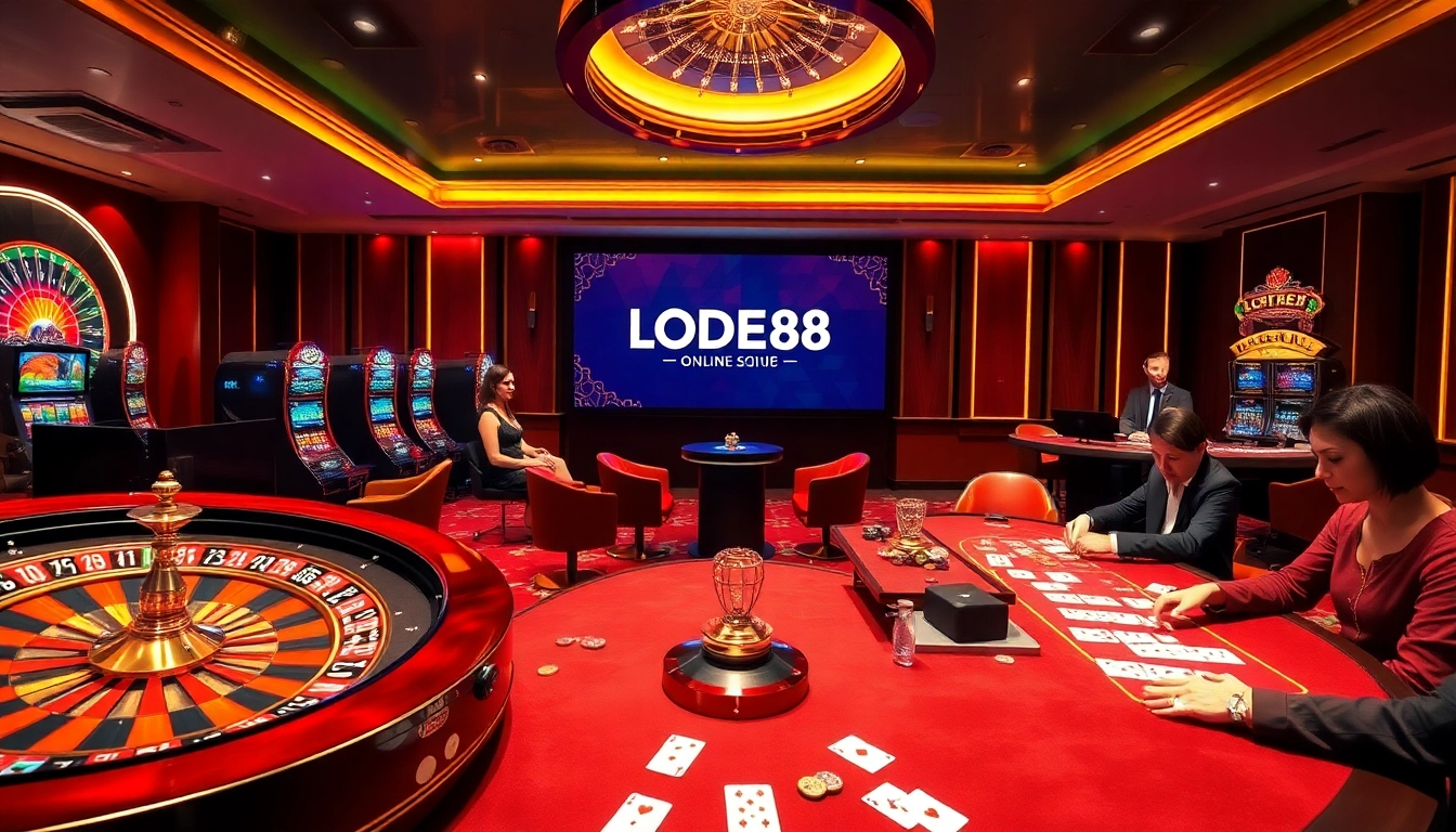 Engaging scene of professional gamblers at LODE88 casino tables, showcasing excitement and strategy.