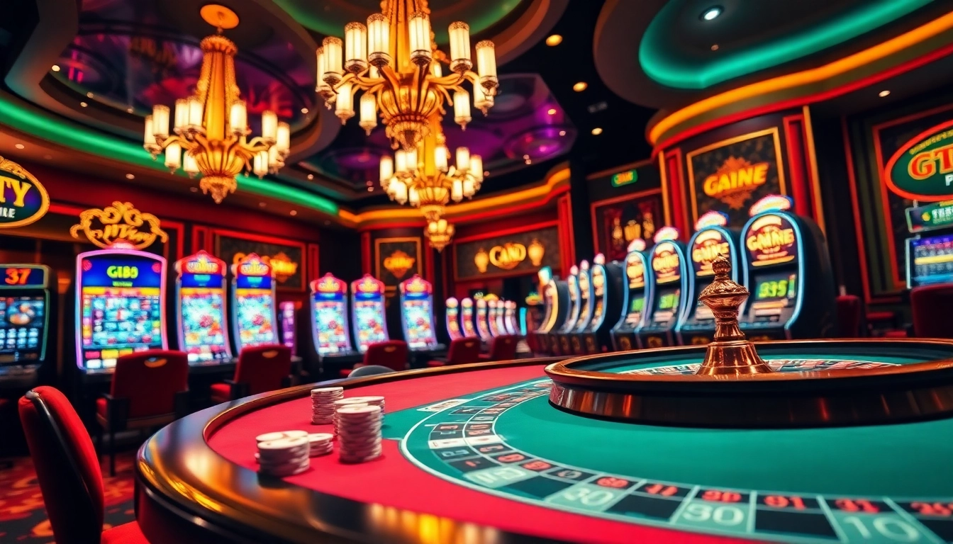 Excited gamblers engaging with gk88-themed casino tables filled with chips and cards.