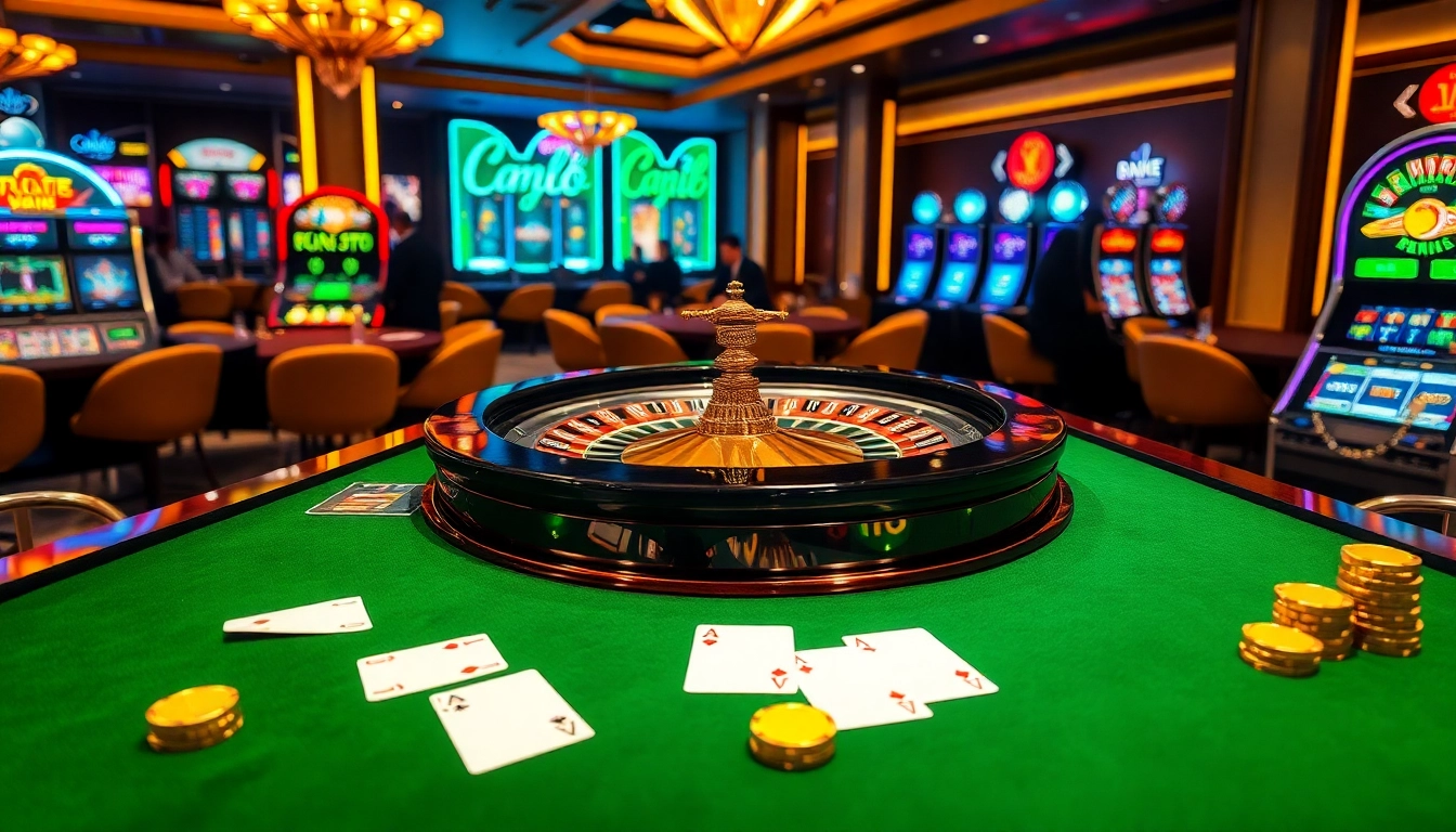 Experience the thrill of cm88 at a vibrant casino featuring roulette, cards, and glimmering chips.