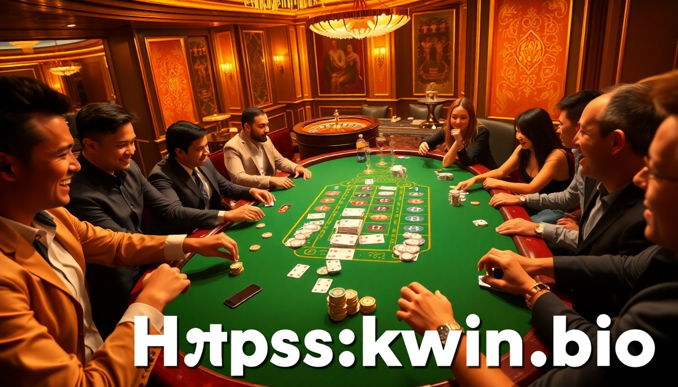 Players engaging at a vibrant poker table, reflecting the excitement of gambling with https://kwin.bio/.