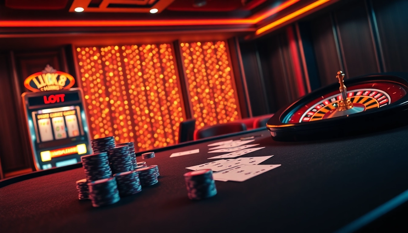 Exciting casino scene featuring LUCK8 poker table with chips, cards, and roulette wheel.