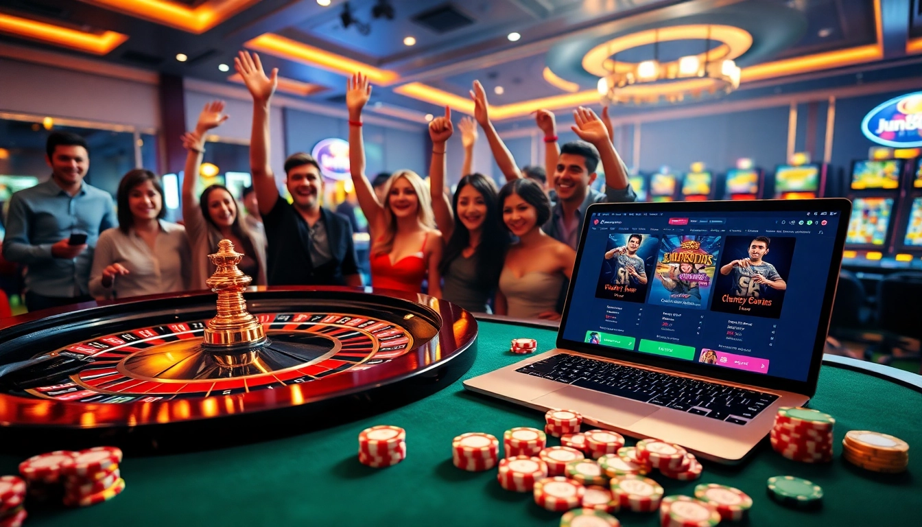 Experience the excitement of online gambling at Jun88 with vibrant casino elements and players celebrating wins.