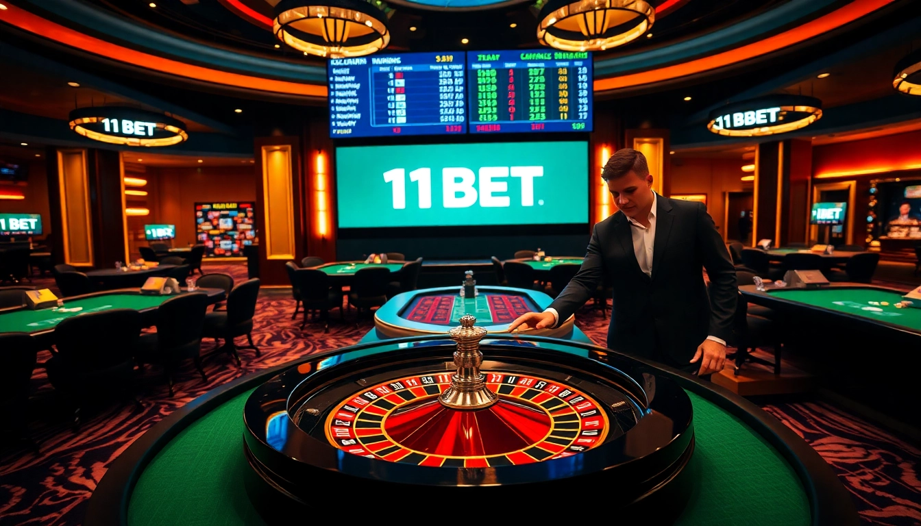 Experience the excitement of gaming at 11BET with vibrant casino tables and roulette action.