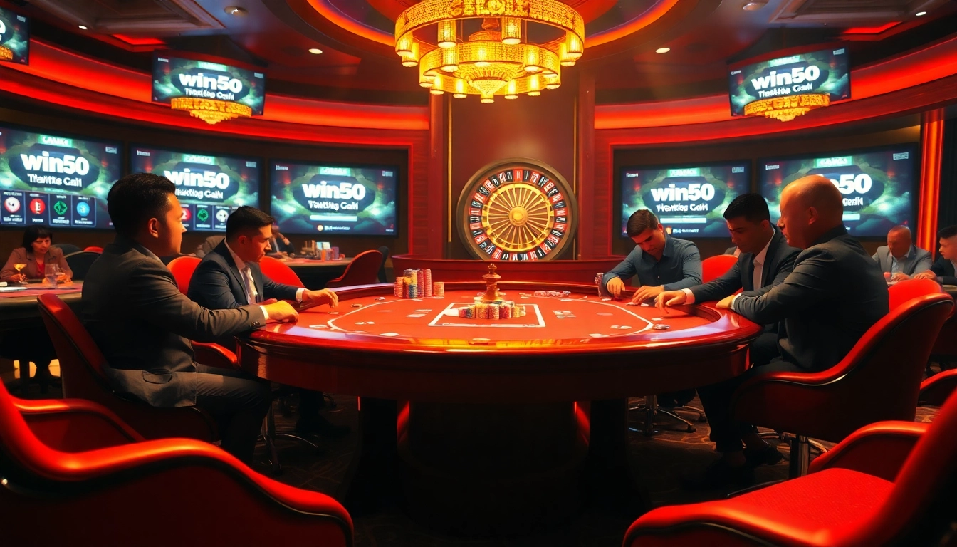 Exciting casino scene showcasing win55 poker action with vibrant chips and roulette.