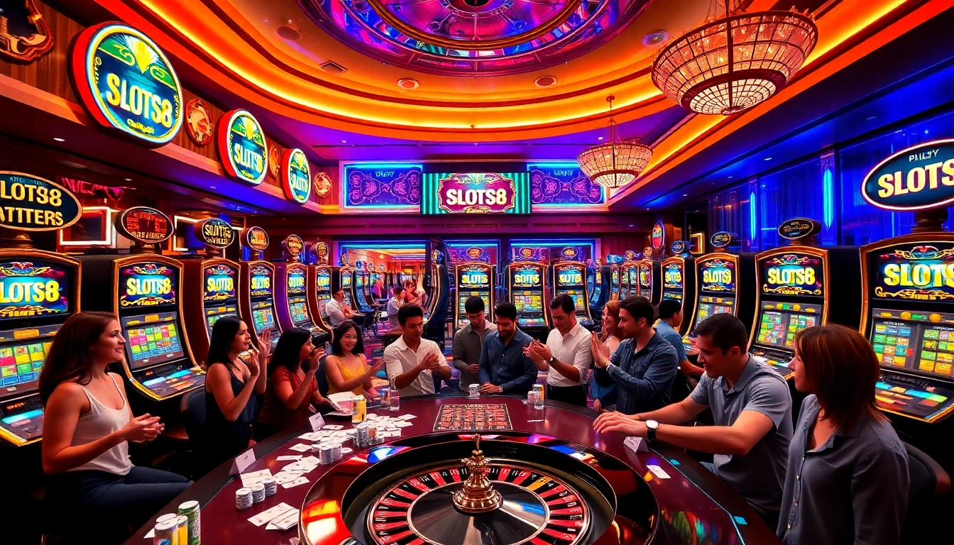 SLOTS8 slot machines create excitement in a vibrant casino atmosphere with players engaged in thrilling gameplay.