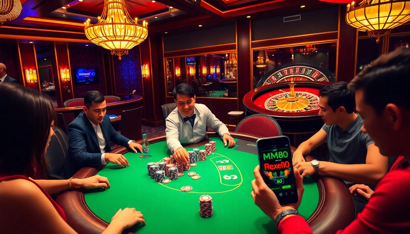 Engaged players at an MM88 casino table enjoying poker with vibrant chips and ambient lighting.