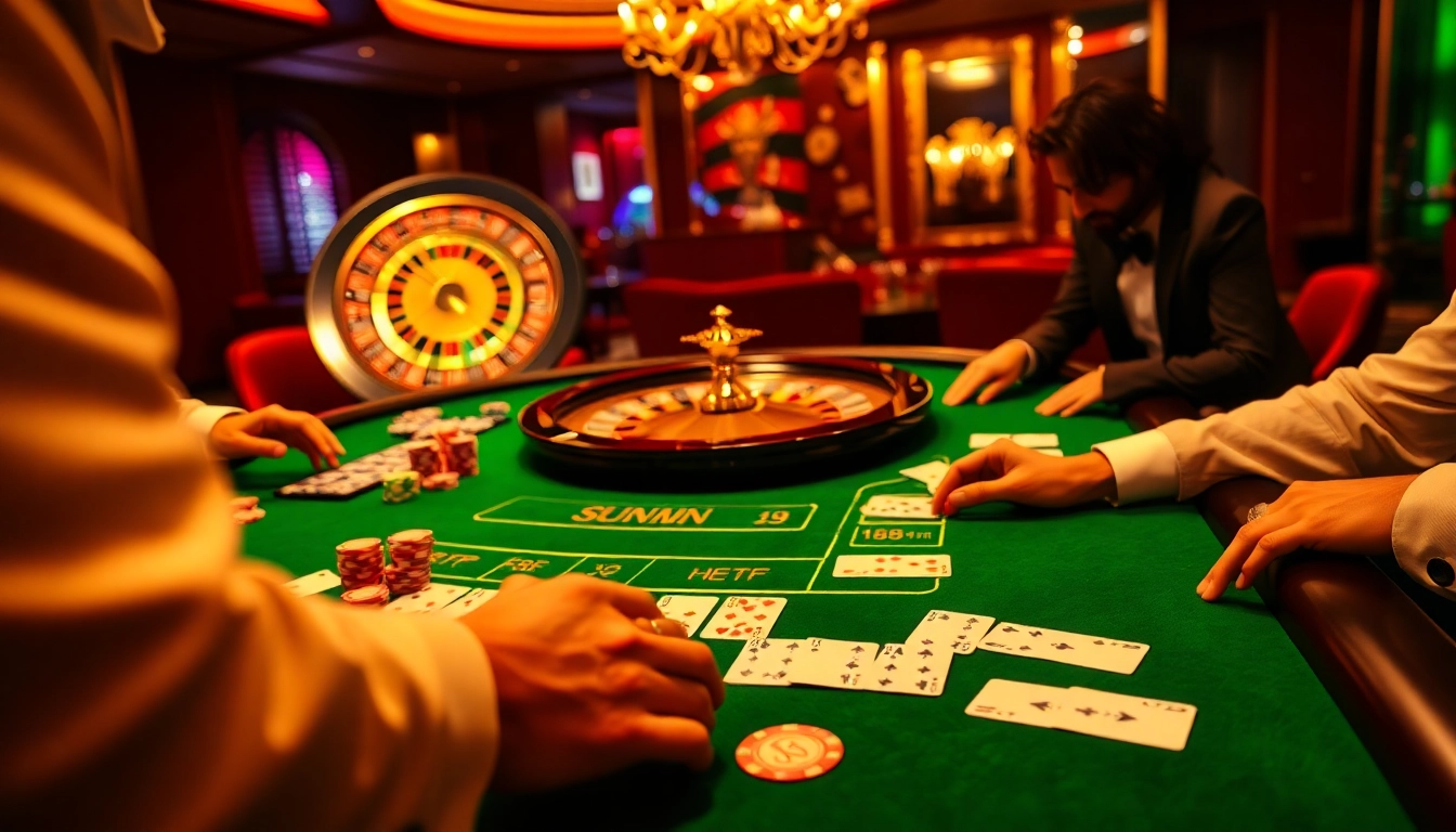 Experience the thrill of SUNWIN at a luxurious casino table with vibrant poker chips and intense gameplay.