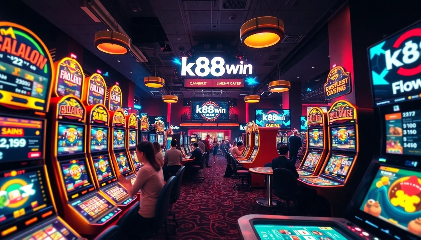 K88win immersive casino experience showcasing vibrant slot machines and players in an exhilarating atmosphere.
