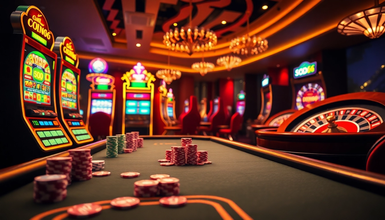 Experience thrilling gameplay with app SODO66 amidst vibrant casino visuals featuring tables, chips, and slots.