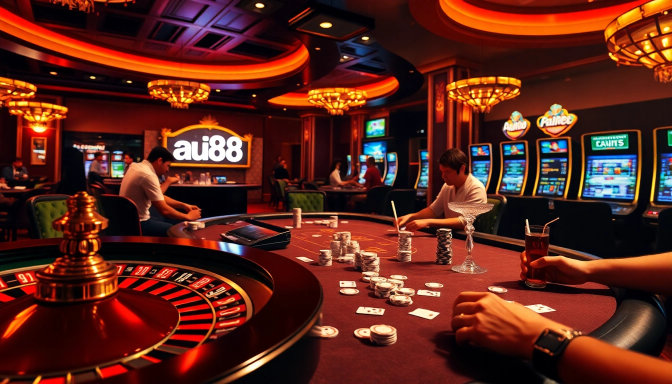 Experience the thrill of gambling at au88 with a vibrant casino scene featuring roulette, poker, and lively players.